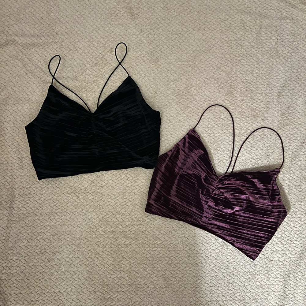 2/$8 WF Black & Purple Slim Fit Cinched Front Velvet Tiny Crop Tank Top Bundle